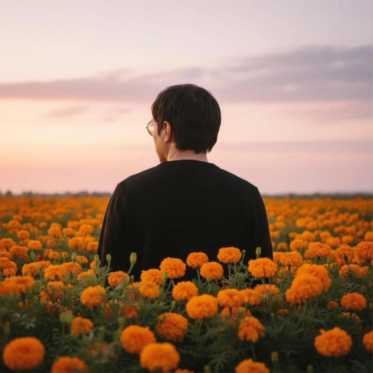 Retrato de espaldas en campo de cempasúchil al atardecer